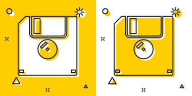 Sarı ve beyaz arka planda yalıtılmış bilgisayar veri depolama simgesi için siyah Disket diski. Disket işareti. Rastgele dinamik şekiller. Vektör İllüstrasyonu