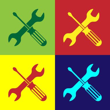 Renkli arka planda yalıtılmış renk çapraz tornavida ve anahtar araçları simgesi. Servis aracı sembolü. Vektör Illustration