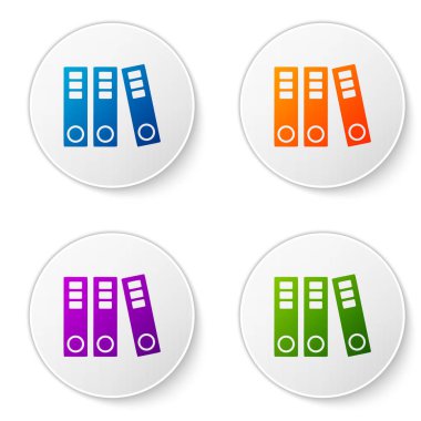 Kağıt ve belge simgesi beyaz arka planda izole renkli Office klasörleri. Ofis bağlayıcıları. Arşiv klasör işareti. Daire düğmelerinde simgeleri ayarlayın. Vektör Illustration