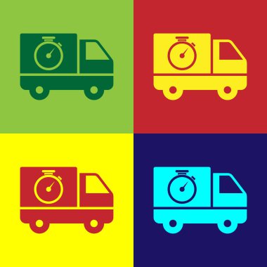 Renk Lojistik teslimat kamyon ve kronometre simgesi renk arka plan izole. Teslim süresi simgesi. Vektör İllüstrasyonu