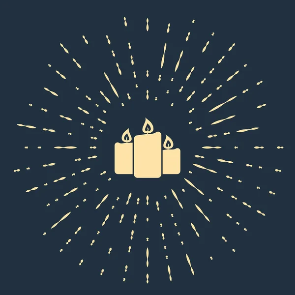 Icono de velas ardientes beige aislado sobre fondo azul oscuro. Velas encendidas a la antigua. Velas cilíndricas aromáticas con llamas ardientes. Puntos aleatorios de círculo abstracto. Ilustración vectorial — Vector de stock