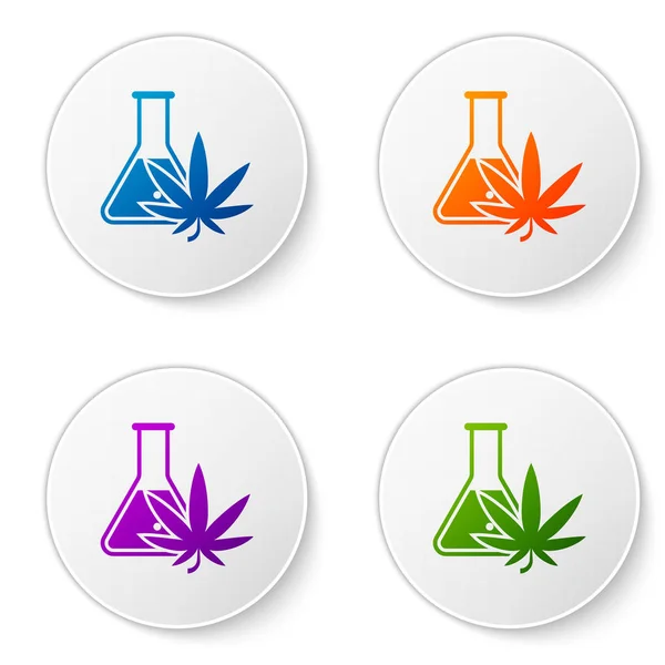 Color Tubo de ensayo químico con marihuana o icono de hoja de cannabis aislado sobre fondo blanco. Concepto de investigación. Concepto de aceite de CBD de laboratorio. Establecer iconos en botones de círculo. Ilustración vectorial — Vector de stock