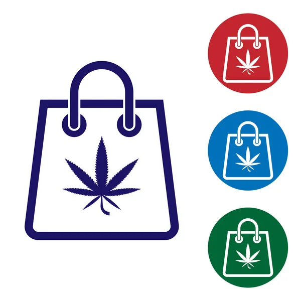蓝色购物纸袋的医用大麻或大麻叶图标隔离在白色背景。购买大麻。大麻符号。在圆形按钮中设置颜色图标。矢量插图 — 图库矢量图片