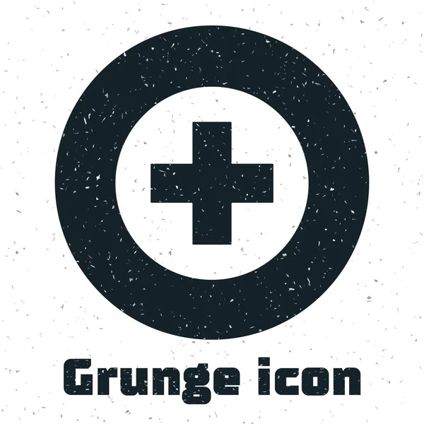 Grunge orvosi kereszt a kör ikon izolált fehér háttér. Elsősegélynyújtás orvosi szimbólum. Vektoros illusztráció — Stock Vector