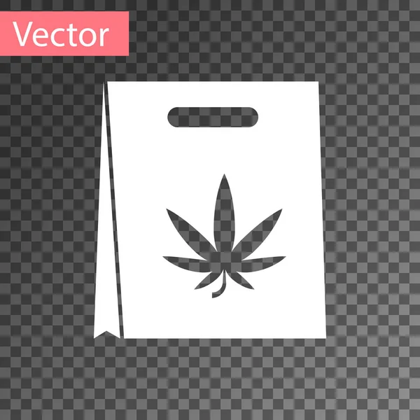 Weiße Papiertüte mit medizinischem Marihuana oder Cannabisblättern isoliert auf transparentem Hintergrund. Cannabis kaufen. Hanf-Symbol. Vektorillustration — Stockvektor