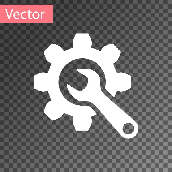 Llave blanca e icono de engranaje aislados sobre fondo transparente. Ajuste, servicio, ajuste, mantenimiento, reparación, fijación. Ilustración vectorial — Vector de stock