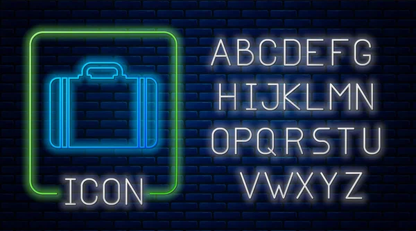 Leuchtende Neon-Koffer für Reise-Ikone isoliert auf Backsteinwand Hintergrund. Reisegepäckzeichen. Reisegepäcksymbol. Neonlicht-Alphabet. Vektorillustration — Stockvektor