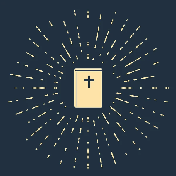 Icona del libro della Sacra Bibbia beige isolata su sfondo blu scuro. Cerchi astratti puntini casuali. Illustrazione vettoriale — Vettoriale Stock