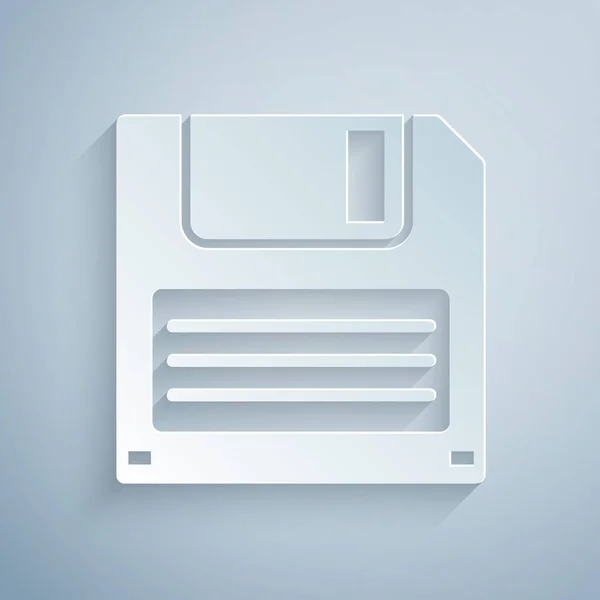 Corte de papel Disco flexível para o ícone de armazenamento de dados do computador isolado no fundo cinza. Sinal de disquete. Estilo de arte de papel. Ilustração vetorial — Vetor de Stock