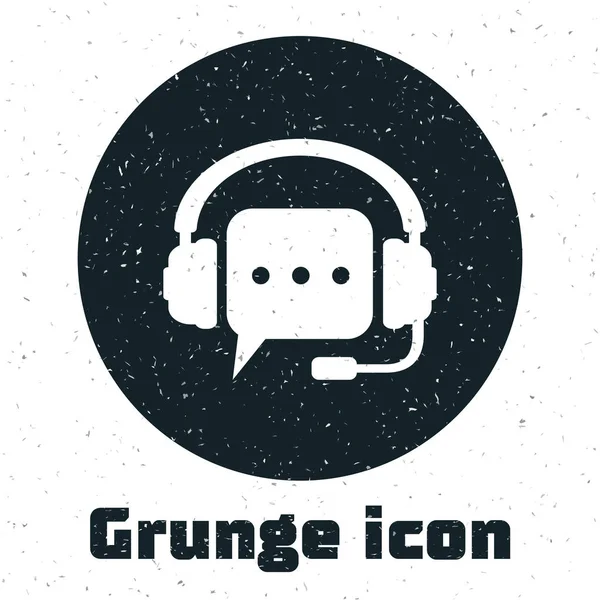 Grunge Headphones com ícone de bolha de fala isolado no fundo branco. Suporte a serviços ao cliente, hotline, call center, orientação, manutenção. Ilustração vetorial — Vetor de Stock