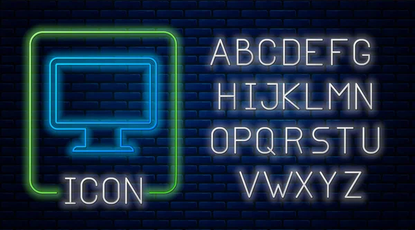 Icona dello schermo del monitor del computer al neon luminoso isolato su sfondo muro di mattoni. Dispositivo elettronico. Vista frontale. Alfabeto della luce al neon. Illustrazione vettoriale — Vettoriale Stock