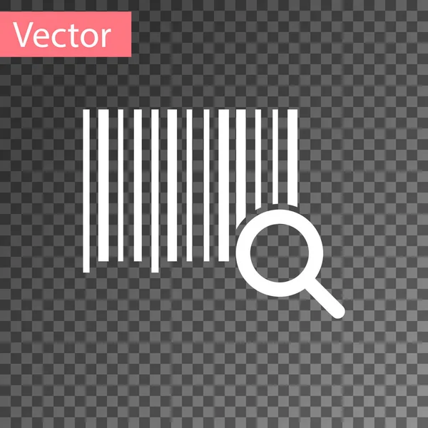 Weiße Suche Barcode-Symbol isoliert auf transparentem Hintergrund. Lupe sucht Barcode. Aufkleber mit Barcode-Etiketten. Forschung Barcode. Vektorillustration — Stockvektor