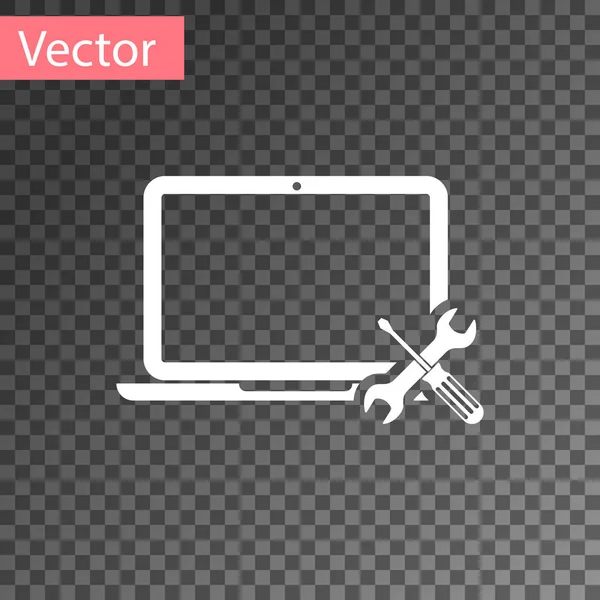 Laptop bianco con cacciavite e icona della chiave isolata su sfondo trasparente. Regolazione, assistenza, regolazione, manutenzione, riparazione, fissaggio. Illustrazione vettoriale — Vettoriale Stock