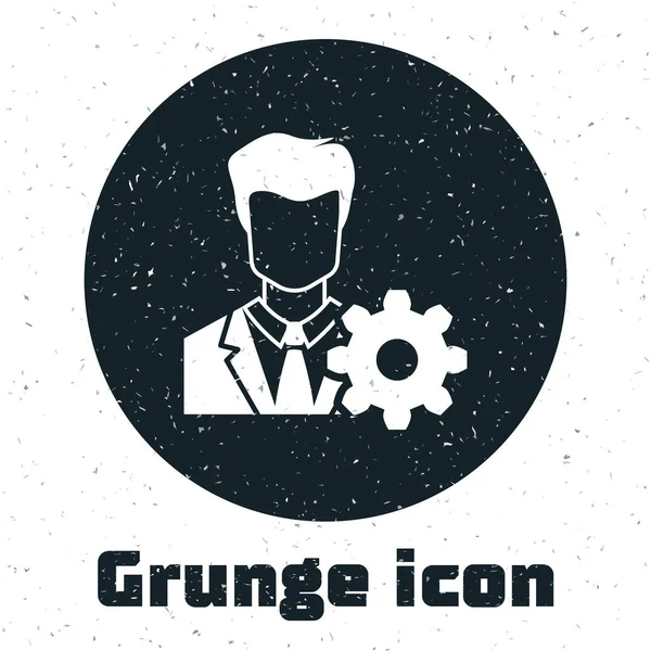 Grunge profil beállítások ikont izolált fehér háttér. Felhasználói beállítás ikonja. Profil avatar a fogaskerék. A fiók ikonja. Férfi személy sziluett. Vektoros illusztráció — Stock Vector
