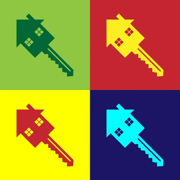 Casa de color con icono clave aislado en el fondo de color. El concepto de llave en mano de la casa. Ilustración vectorial — Archivo Imágenes Vectoriales