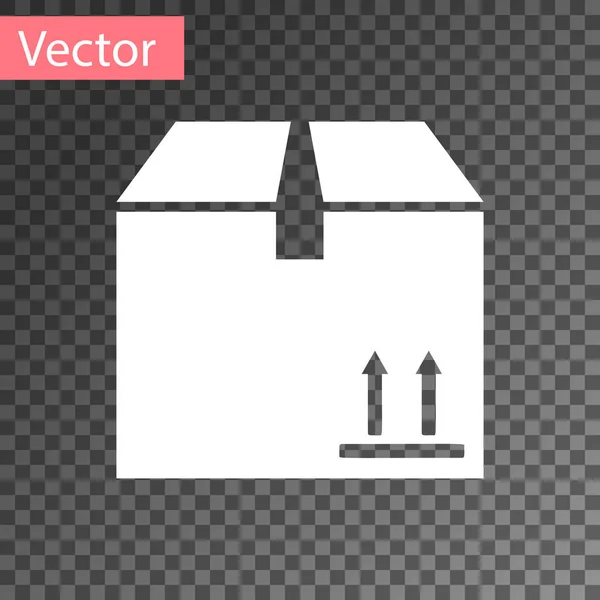 Weißer Karton mit Verkehrssymbolsymbol auf transparentem Hintergrund. Box, Paket, Paketschild. Lieferung, Transport und Versand. Vektorillustration — Stockvektor