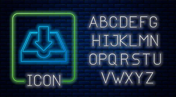 Gloeiende neon Download inbox pictogram geïsoleerd op bakstenen muur achtergrond. Neon licht alfabet. Vector illustratie — Stockvector
