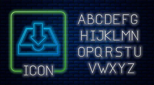 輝くネオンは、レンガの壁の背景に隔離された受信トレイアイコンをダウンロードします。ネオンライトアルファベット。ベクトルイラストレーション — ストックベクタ