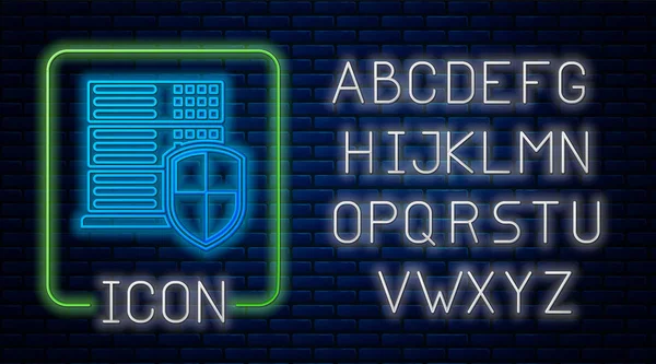 Server neon luminoso con icona scudo isolato su sfondo muro di mattoni. Protezione contro gli attacchi. Firewall di rete, router, switch o server, dati. Alfabeto della luce al neon. Illustrazione vettoriale — Vettoriale Stock