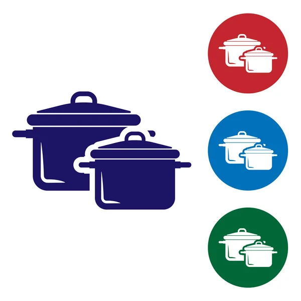 Blaues Kochtopfsymbol auf weißem Hintergrund. Essen kochen oder schmoren. setzen Farbsymbol in Kreis-Tasten. Vektorillustration — Stockvektor