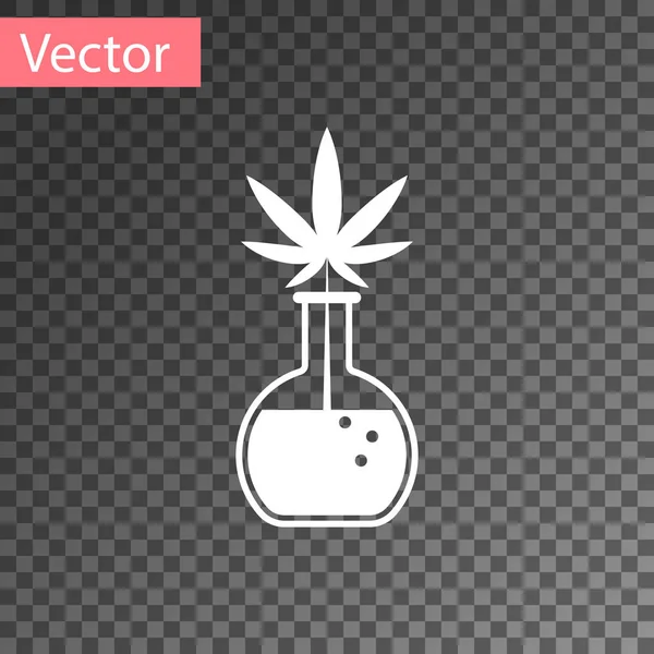 Weißes chemisches Reagenzglas mit Marihuana oder Cannabisblatt-Symbol auf transparentem Hintergrund. Forschungskonzept. Labor cbd Öl-Konzept. Vektorillustration — Stockvektor