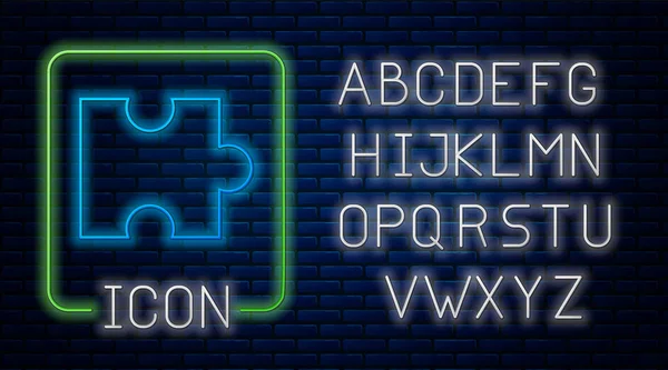 Leuchtende Neon-Puzzleteil-Symbol isoliert auf Backsteinwand Hintergrund. moderne Wohnung, Business, Marketing, Finanzen, Internetkonzept. Neonlicht-Alphabet. Vektorillustration — Stockvektor