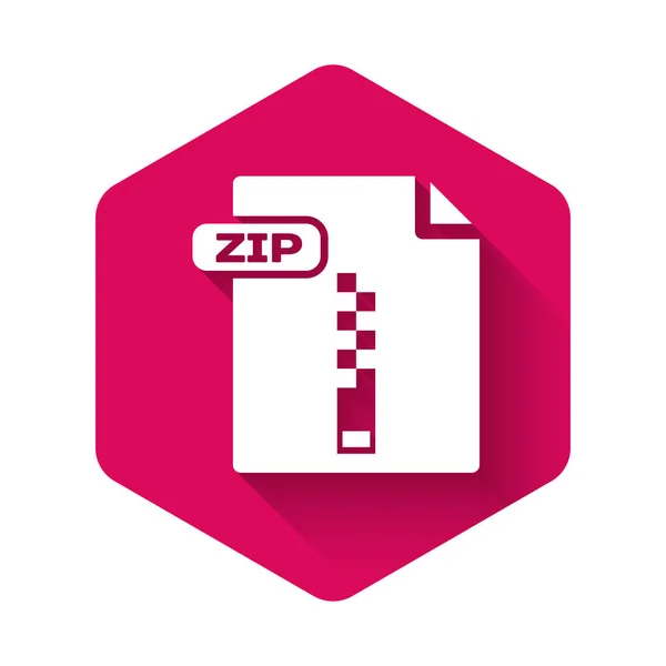 Documento de archivo ZIP blanco. Descargar icono de botón zip aislado con sombra larga. Símbolo del archivo ZIP. Botón de hexágono rosa. Ilustración vectorial — Vector de stock