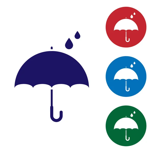Синий зонтик и капли дождя на белом фоне. Водонепроницаемый значок. Защита, безопасность, концепция безопасности. Водонепроницаемый символ. Установите цвет в пуговицах круга. Векторная миграция — стоковый вектор