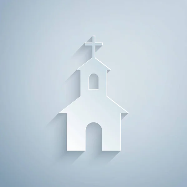 Řez papíru Kostel budova ikona izolované na šedém pozadí. Christian Church. Náboženství církve. Papírový styl. Vektorová ilustrace — Stockový vektor