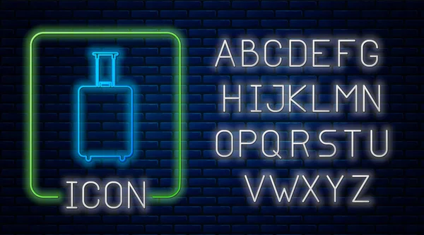 Świecący neon Ikona walizki podróży izolowane na tle cegły ściany. Podróżujący znak bagażu. Ikona bagażu podróżnych. Neonowy alfabet świetlny. Ilustracja wektora — Wektor stockowy