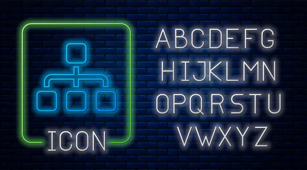 Leuchtende Neon-Hierarchie Organogramm Diagramm Infografik Symbol isoliert auf Backsteinwand Hintergrund. Grafische Elemente der Unternehmensstruktur. Neonlicht-Alphabet. Vektorillustration — Stockvektor