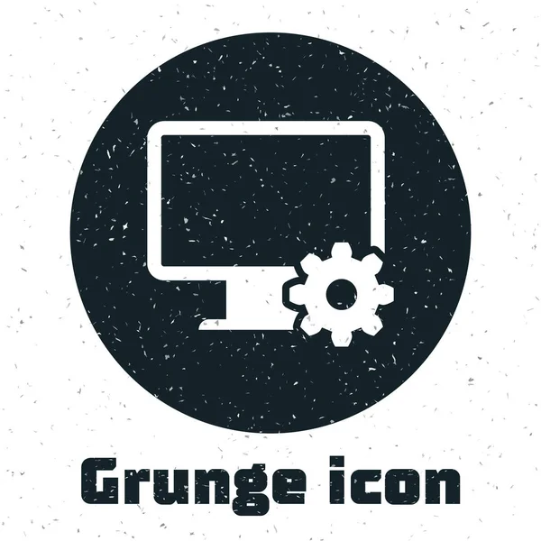 Grunge Monitor de ordenador e icono de engranaje aislado sobre fondo blanco. Ajuste, servicio, ajuste, mantenimiento, reparación, fijación. Ilustración vectorial — Vector de stock