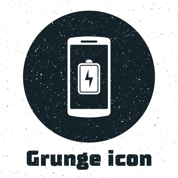 Grunge icône de charge de la batterie Smartphone isolé sur fond blanc. Téléphone avec une charge de batterie faible. Illustration vectorielle — Image vectorielle