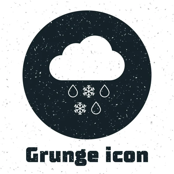 Nube Grunge con icono de nieve y lluvia aislado sobre fondo blanco. Icono del clima. Ilustración vectorial — Vector de stock