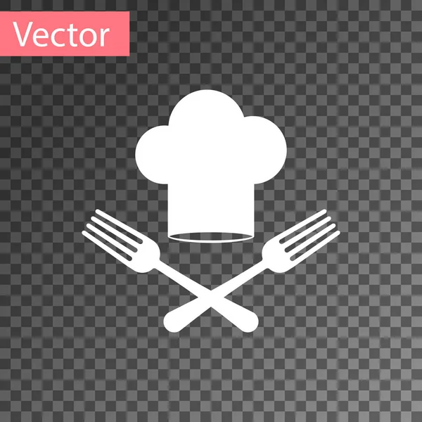 White Chef hat and crossed fork icon isolated on transparent background. Cooking symbol. Restaurant menu. Cooks hat. Vector Illustration — Stock Vector