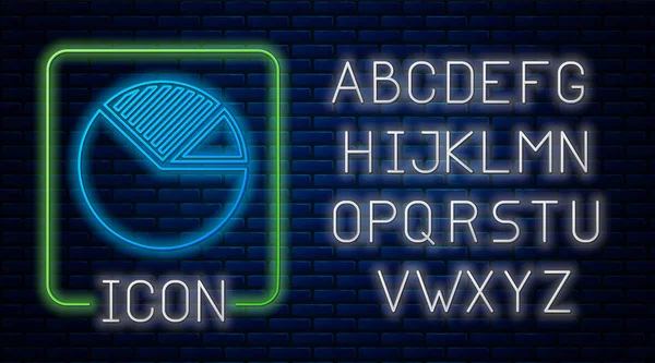 Сяюча піктограма неонової діаграми пирога ізольована на фоні цегляної стіни. Діаграма знаку діаграми. Неоновий легкий алфавіт. Векторна ілюстрація — стоковий вектор