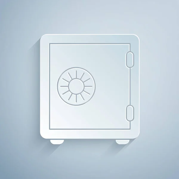 Corte de papel Icono seguro aislado sobre fondo gris. La puerta caja fuerte una bóveda del banco con una cerradura combinada. Protección de datos fiable. Estilo de arte de papel. Ilustración vectorial — Vector de stock