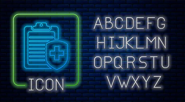 वीट भिंत पार्श्वभूमीवर वेगळे वैद्यकीय विमा चिन्ह सह चमकणारा निओन क्लिपबोर्ड. रुग्णांचे संरक्षण. क्रॉससह क्लिपबोर्ड आणि ढाल. निओन प्रकाश वर्णमाला. व्हेक्टर इलस्ट्रेशन — स्टॉक व्हेक्टर