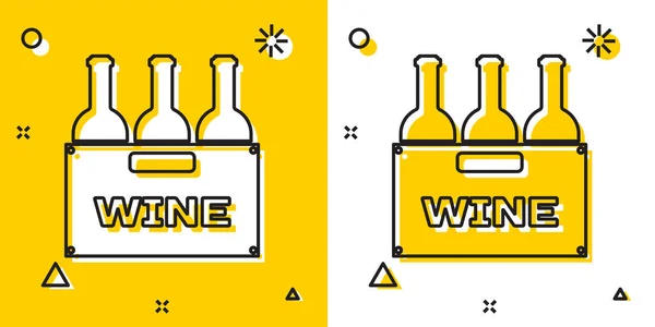 Bouteilles noires de vin dans une boîte en bois icône isolée sur fond jaune et blanc. Bouteilles de vin dans une icône de caisse en bois. Formes dynamiques aléatoires. Illustration vectorielle — Image vectorielle