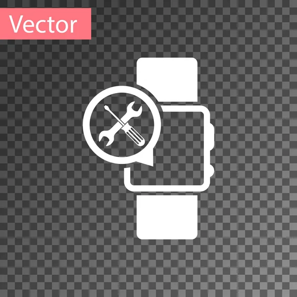 White Smartwatch with screwdriver and wrench icon isolated on transparent background. Adjusting, service, setting, maintenance, repair, fixing. Vector Illustration — Stock Vector