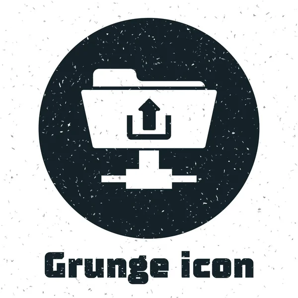 Grunge FTP carpeta subir icono aislado en fondo blanco. Actualización de software, protocolo de transferencia, enrutador, gestión de herramientas de trabajo en equipo, proceso de copia. Ilustración vectorial — Vector de stock