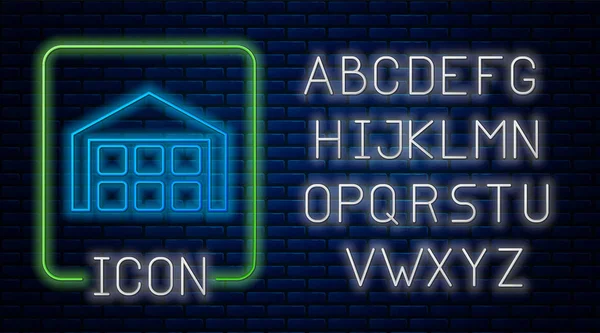 Glowing neon Warehouse icon isolated on brick wall background. Neon light alphabet. Vector Illustration — Stock Vector