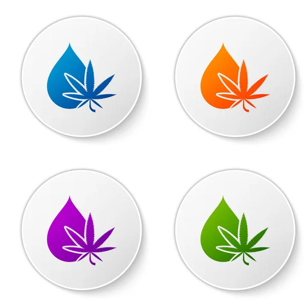 Renkli tıbbi marihuana ya da kenevir yaprağı zeytinyağı damlası ikonu beyaz arka planda izole edilmiş. Esrar özütü. Kenevir sembolü. Simgeleri daire düğmelerine ayır. Vektör İllüstrasyonu — Stok Vektör