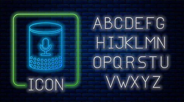 Icona luminosa al neon assistente vocale isolato su sfondo muro di mattoni. Interfaccia utente di controllo vocale altoparlante intelligente. Alfabeto della luce al neon. Illustrazione vettoriale — Vettoriale Stock