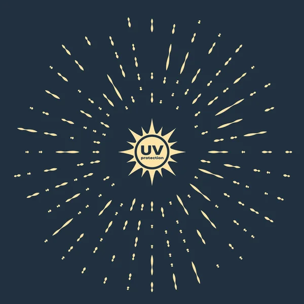 Icono de protección UV beige aislado sobre fondo azul oscuro. Radiación ultravioleta. Señal solar SPF. Puntos aleatorios de círculo abstracto. Ilustración vectorial — Archivo Imágenes Vectoriales