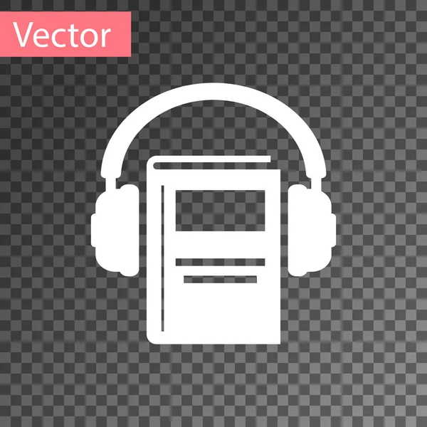Beyaz sesli kitap simgesi şeffaf arka planda yalıtılmış. Kulaklıkla kitap. Ses kılavuzu işareti. Online öğrenme konsepti. Vektör Illustration