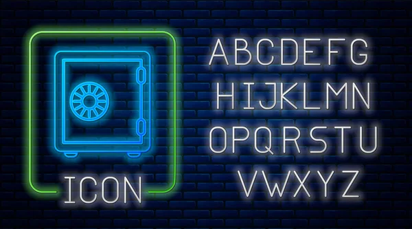 Néon brilhante ícone seguro isolado no fundo da parede de tijolo. O cofre da porta um cofre de banco com uma fechadura de combinação. Proteção de dados confiável. Alfabeto claro de néon. Ilustração vetorial — Vetor de Stock