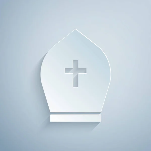 剪纸教皇帽子图标隔离在灰色背景上。基督教帽子标志。纸艺术风格。矢量插图 — 图库矢量图片