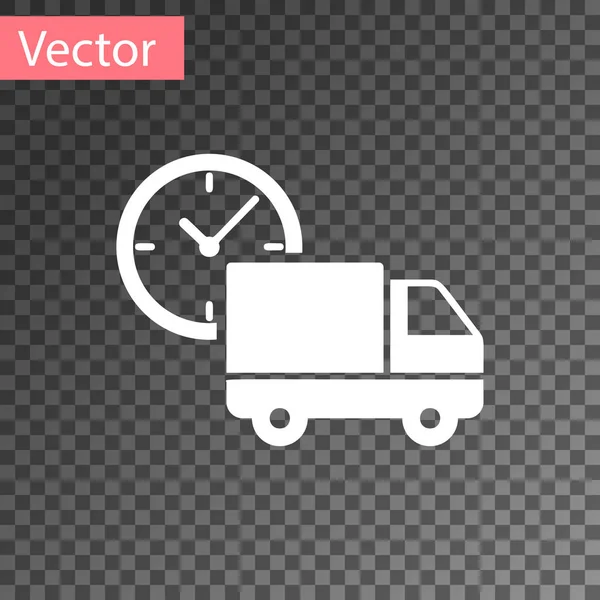 Camión de entrega Logística blanca y el icono del reloj aislados sobre fondo transparente. Icono de tiempo de entrega. Ilustración vectorial — Vector de stock