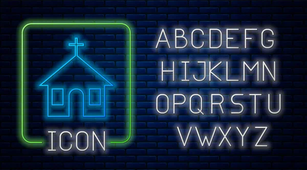 レンガの壁の背景に孤立ネオン教会の建物のアイコンを光る。キリスト教会。教会の宗教。ネオンライトアルファベット。ベクターイラスト — ストックベクタ